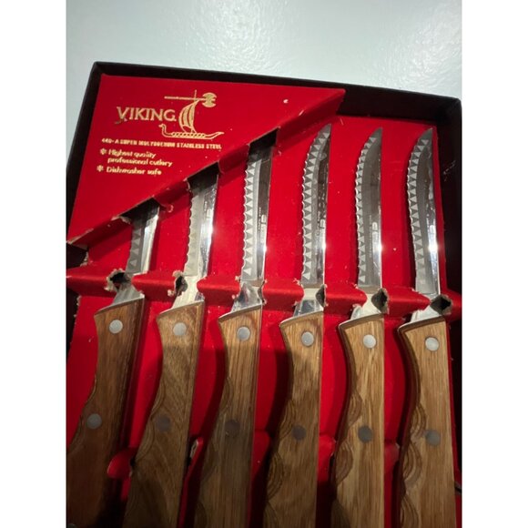 Viking 6-Pc Steak Knife Set With Super Molybdenum Stainless Steel Blades & Wood - Picture 4 of 8